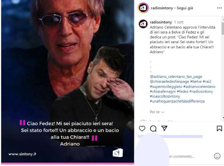 Il commento del cantante Adriano Celentano su Fedez